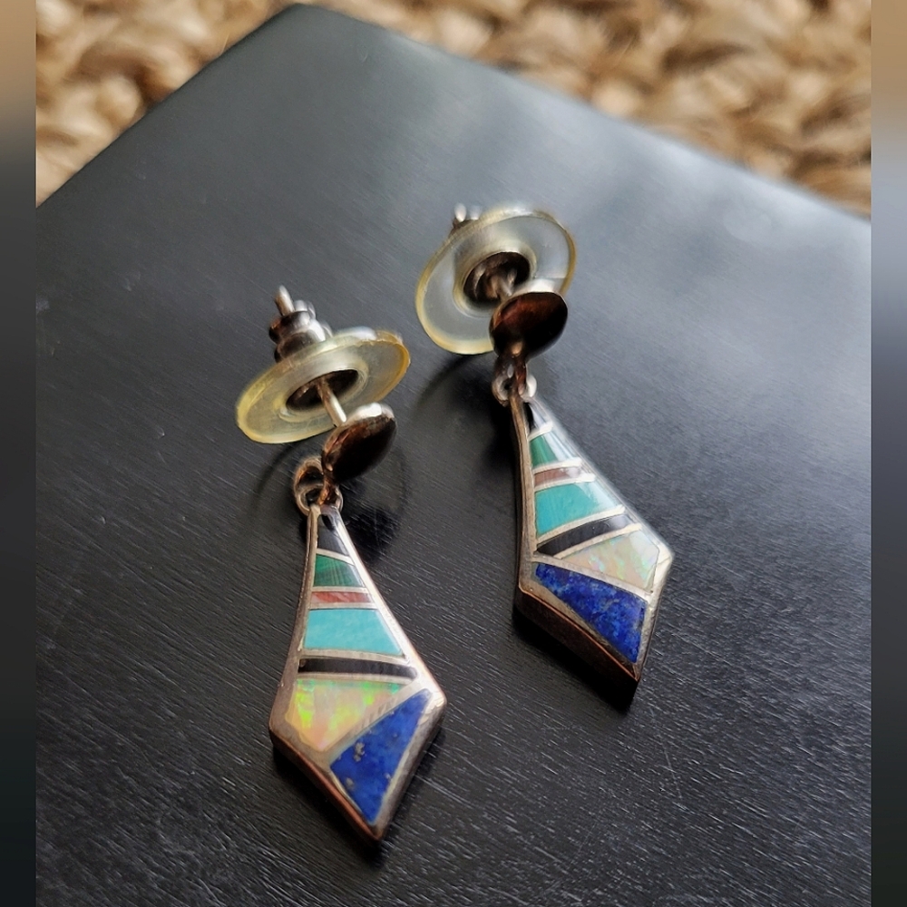 Vintage Sterling Silver Navajo Crafted Inlay Dangle Earrings
